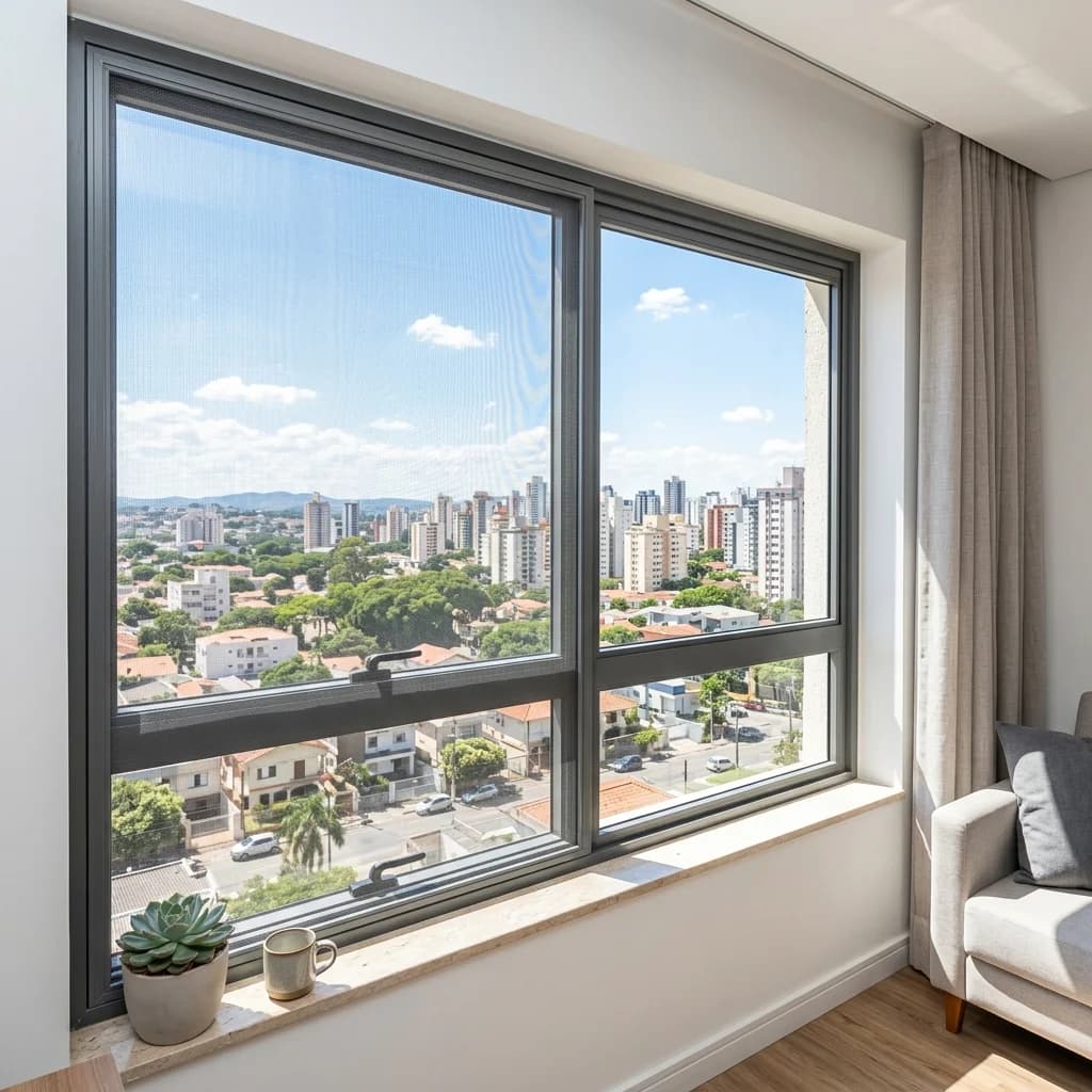 Janela com tela mosquiteira instalada com vista para edifícios urbanos de Jundiaí e Campinas