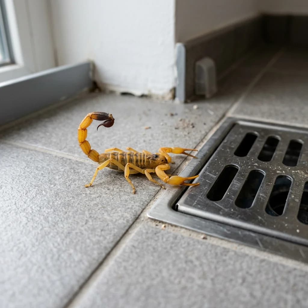 Primer plano de un alacrán amarillo cerca de un desagüe de piso en una vivienda moderna