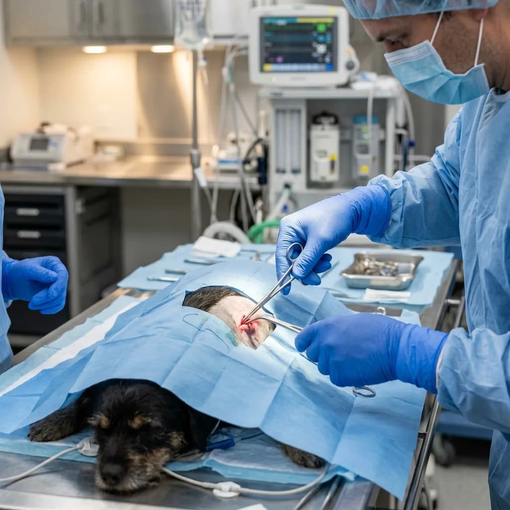 Cirujano veterinario realizando procedimiento estéril en mesa de quirófano equipada con monitor de anestesia