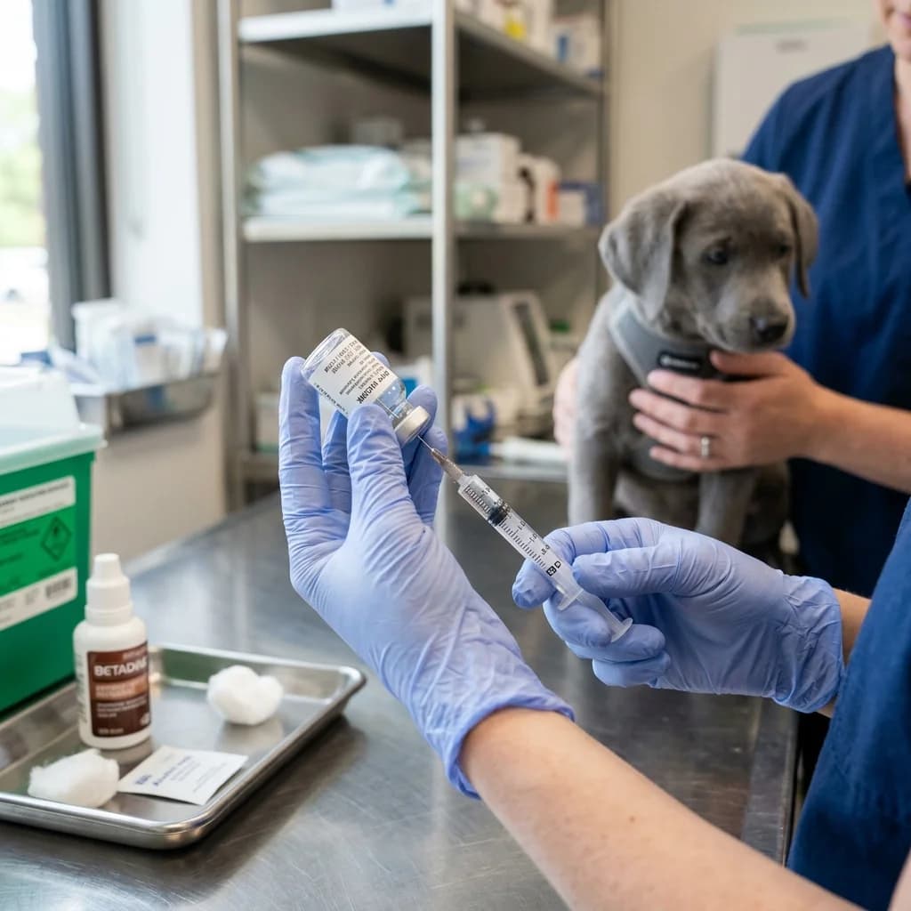 Mano de veterinaria con guante azul preparando vacuna antirrábica en ambiente clínico