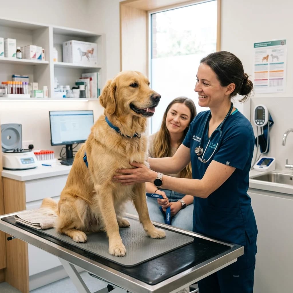 Veterinaria profesional con uniforme azul examinando perro golden retriever en una clínica veterinaria limpia