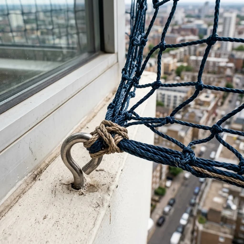 Detalhe de um gancho de fixação de aço inox instalado firmemente no concreto com bucha especial, mantendo uma rede de proteção de polietileno perfeitamente tensionada contra invasões domésticas.