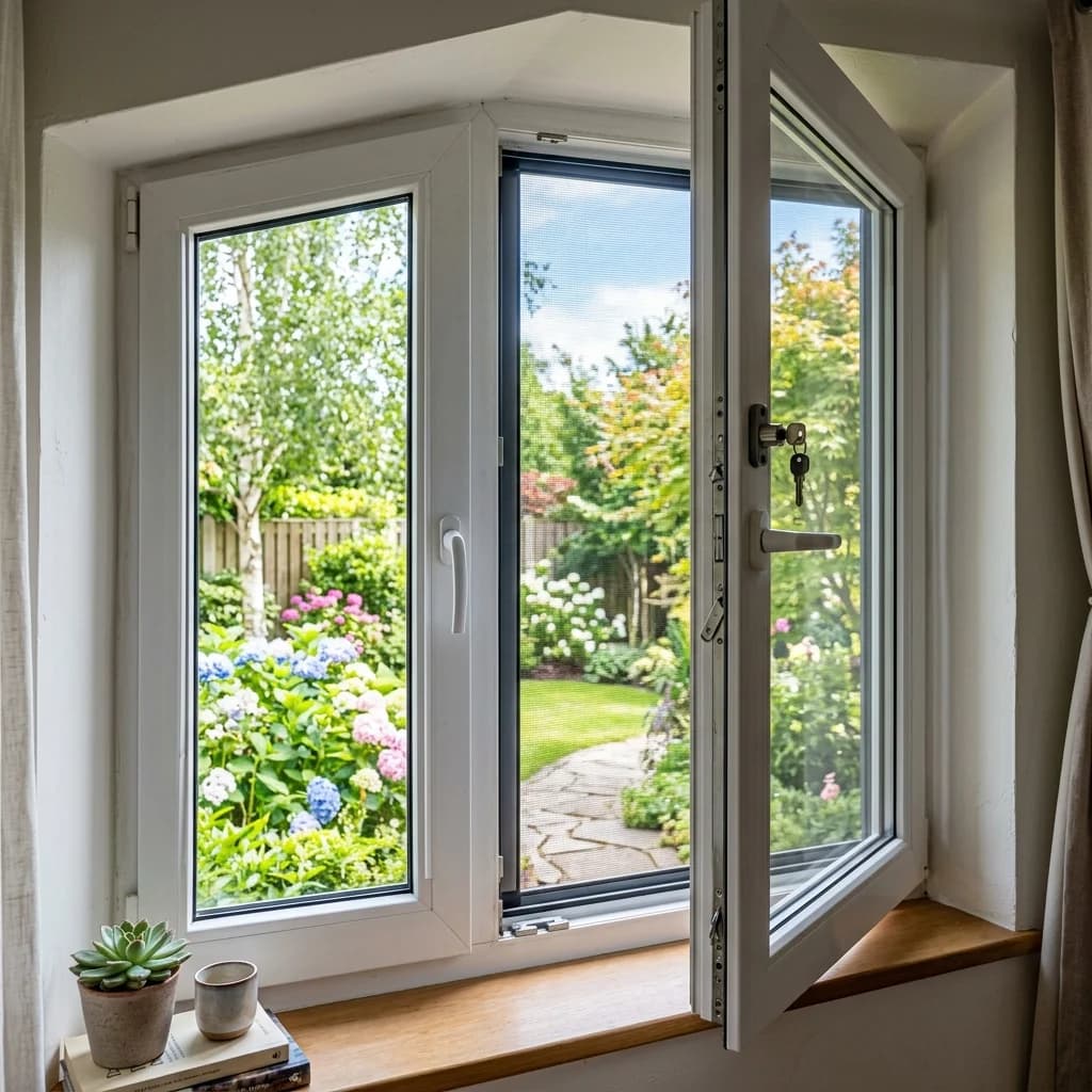 Janela residencial moderna equipada com tela de segurança contra quedas e mansas integradas para manter a ventilação e claridade com controle de insetos e barreira física contra invasores externos.