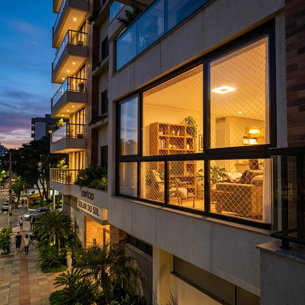 Fachada de um edifício residencial moderno em Campo Grande iluminado à noite, ressaltando janelas protegidas por telas de segurança.