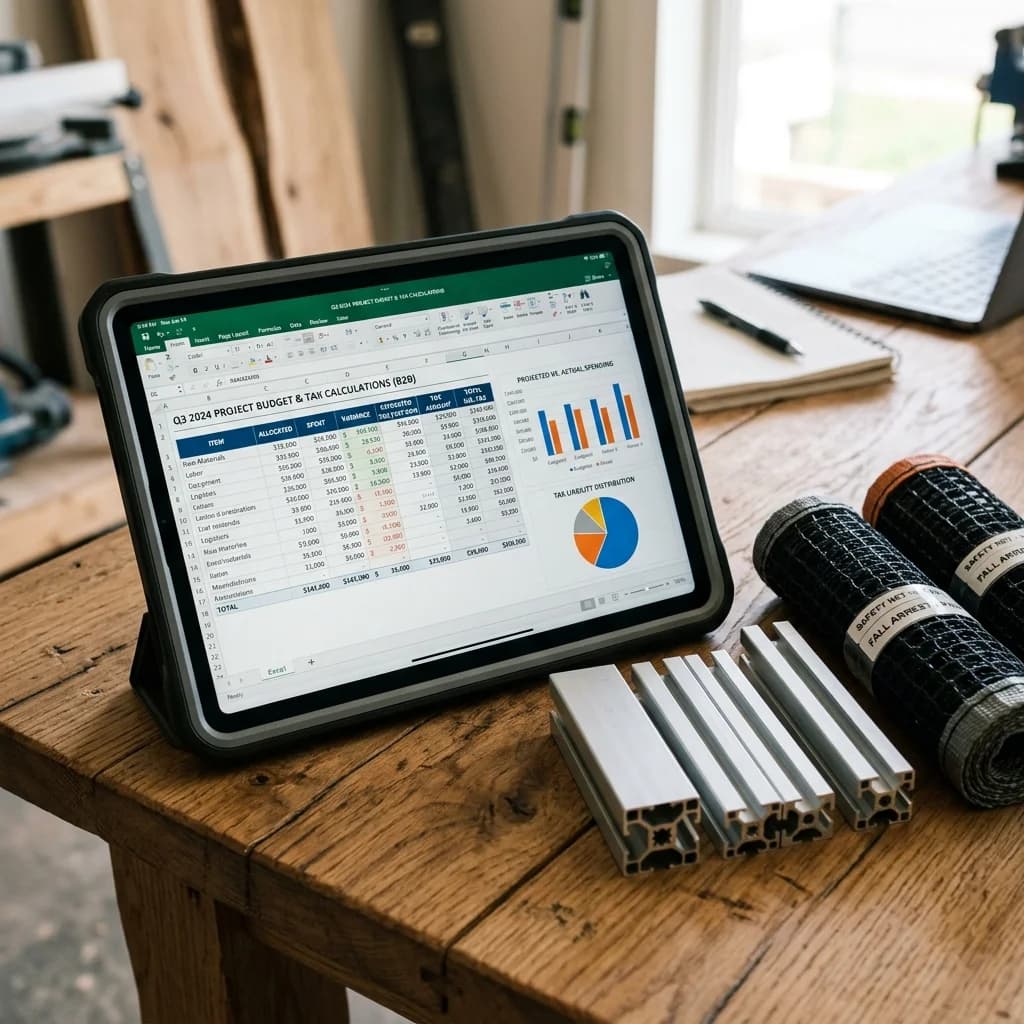 Tablet exibindo planilha contábil eletrônica com cálculos de impostos CBS e IBS ao lado de amostras de perfis de alumínio de telas mosquiteiras