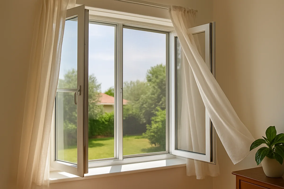 Janela residencial com tela mosquiteira permitindo ventilação natural
