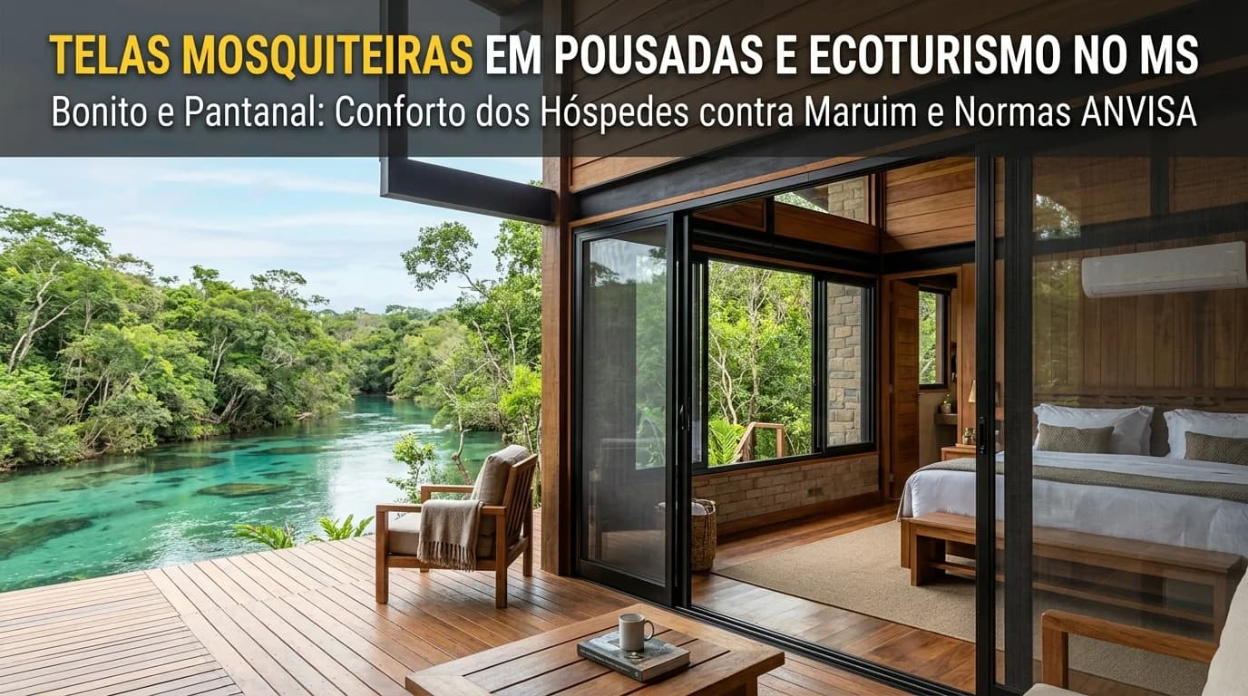 Telas mosquiteiras em chalé de ecoturismo em Bonito e Pantanal MS com perfil de alumínio e malha de fibra de vidro PVC