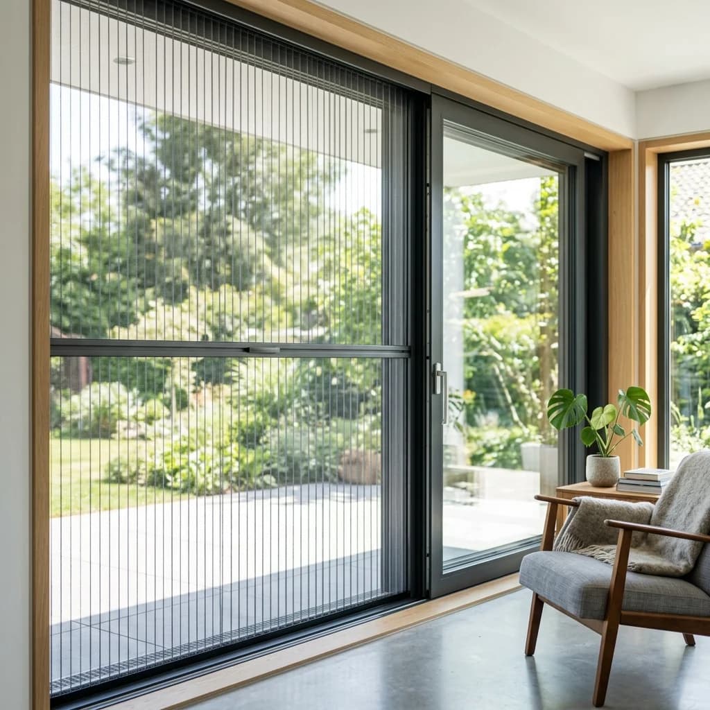 Ventana con mosquitera moderna instalada con vista a patio exterior