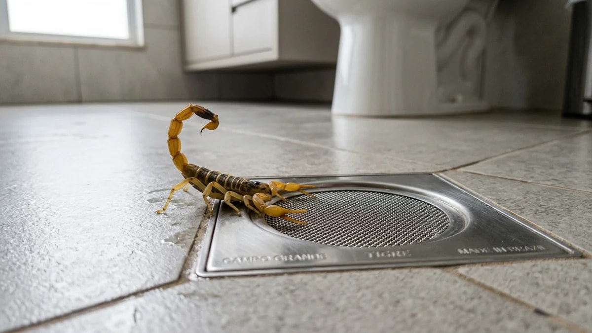 Tela de ralo em aço inox 304 instalada contra escorpiões amarelos