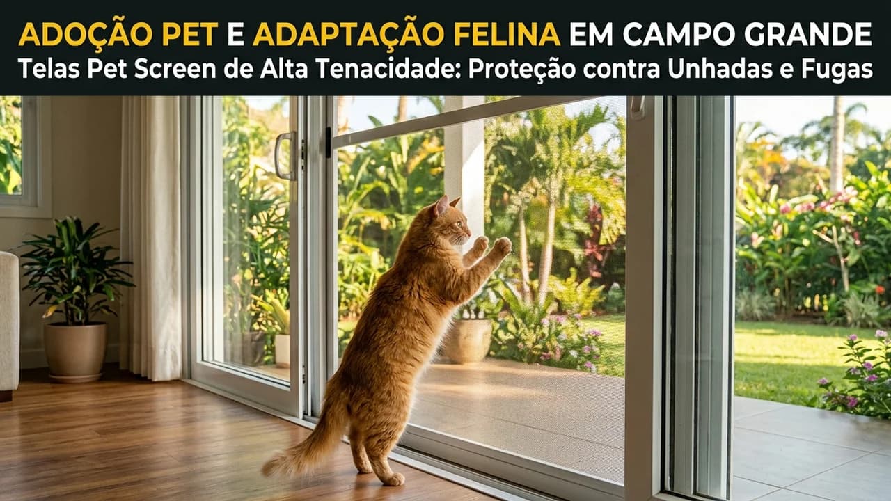 Gato apoiado com garras em porta com tela Pet Screen de poliéster com vinil de alta tenacidade em residência de Campo Grande MS