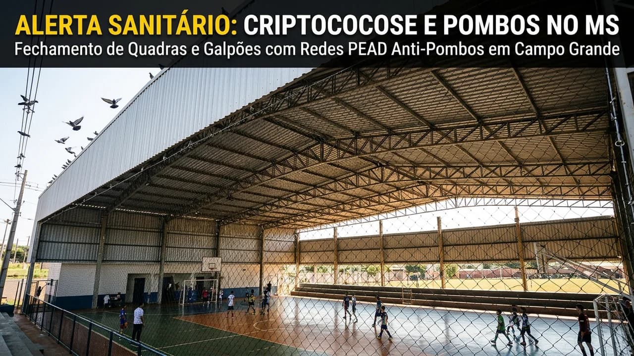 Fechamento aéreo de cobertura metálica com rede de proteção em PEAD contra pombos em quadra esportiva de Campo Grande MS