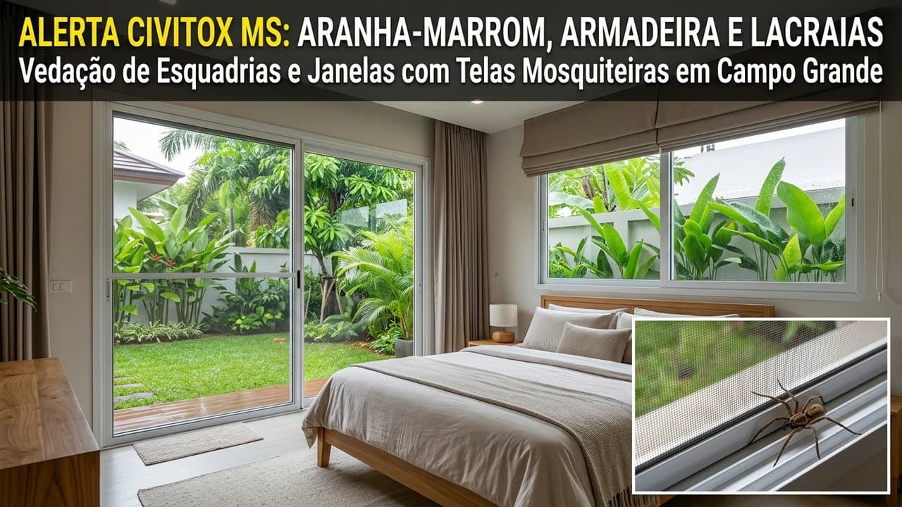 Alerta Civitox MS sobre aranha-marrom, aranha-armadeira e lacraias e vedação de esquadrias e janelas com telas mosquiteiras sob medida em Campo Grande MS
