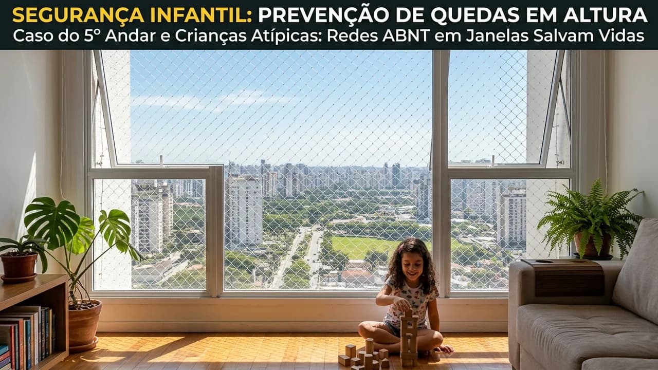 Criança brincando com segurança em sala de apartamento em andar alto com janela protegida por rede de polietileno PEAD ABNT NBR 16046