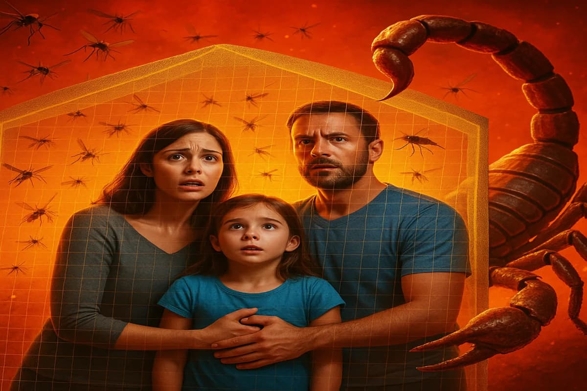 Mosquito Aedes aegypti transmissor da dengue e escorpião amarelo - duas ameaças mortais que podem ser prevenidas com telas de proteção