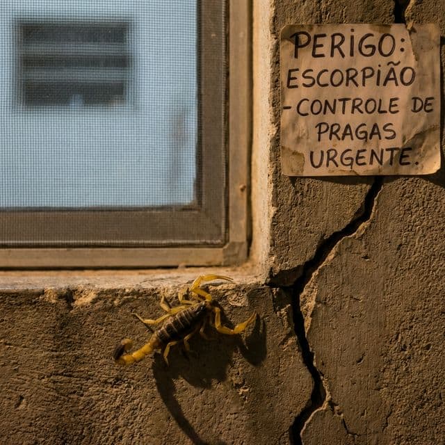 Escorpião amarelo Tityus serrulatus em parede residencial urbana com tela mosquiteira ao fundo protegendo janela