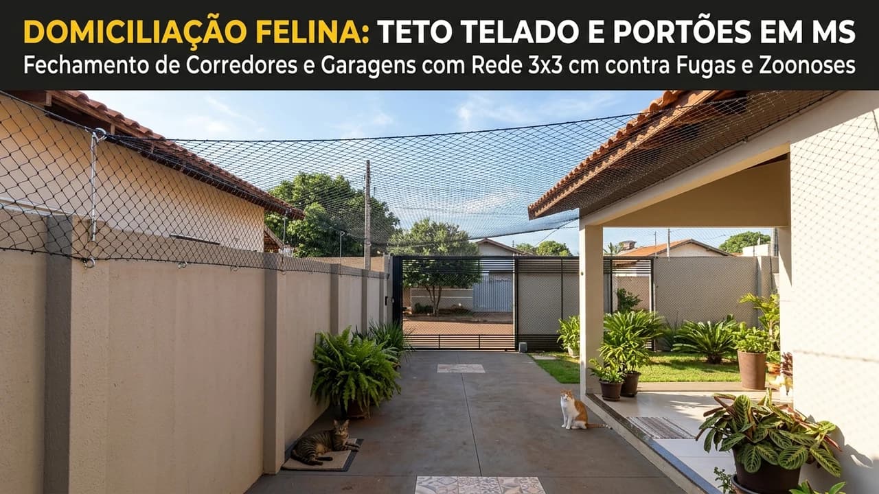 Corredor lateral e portão de garagem fechados com teto telado em rede de proteção preta malha 3x3 cm para domiciliação de gatos em Campo Grande MS