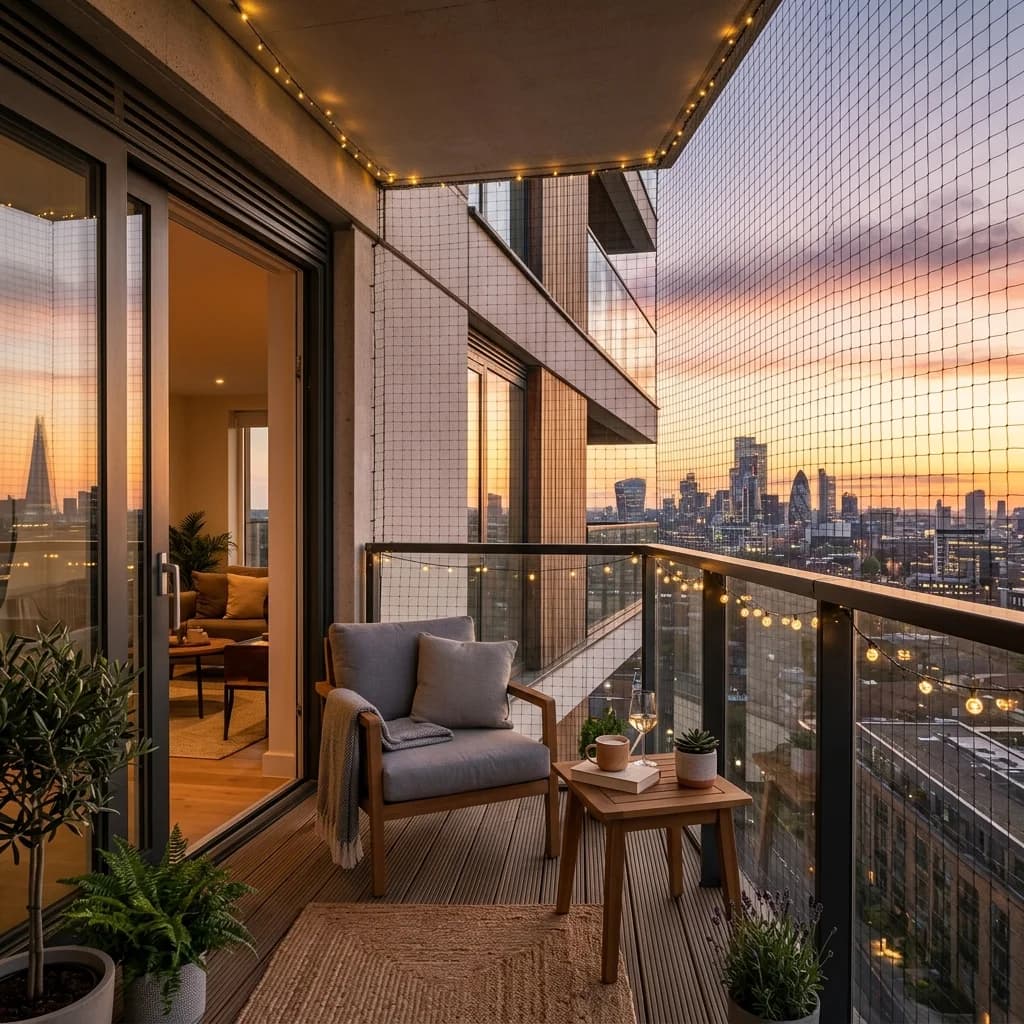 Sacada residencial moderna e decorada com rede de proteção instalada de forma segura sob o pôr do sol