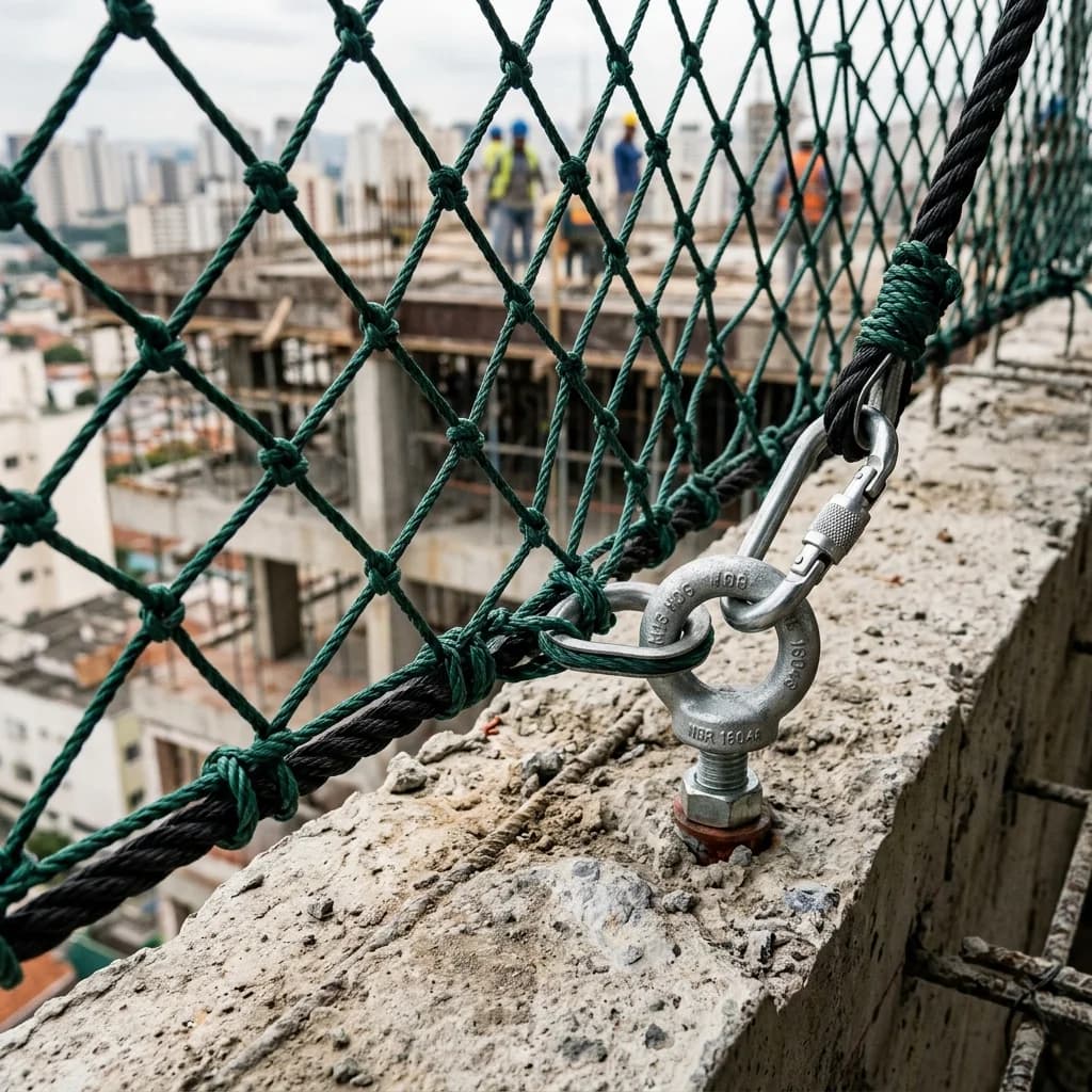 Instalador profissional fixando com precisão os ganchos da rede de proteção na estrutura de concreto de um apartamento