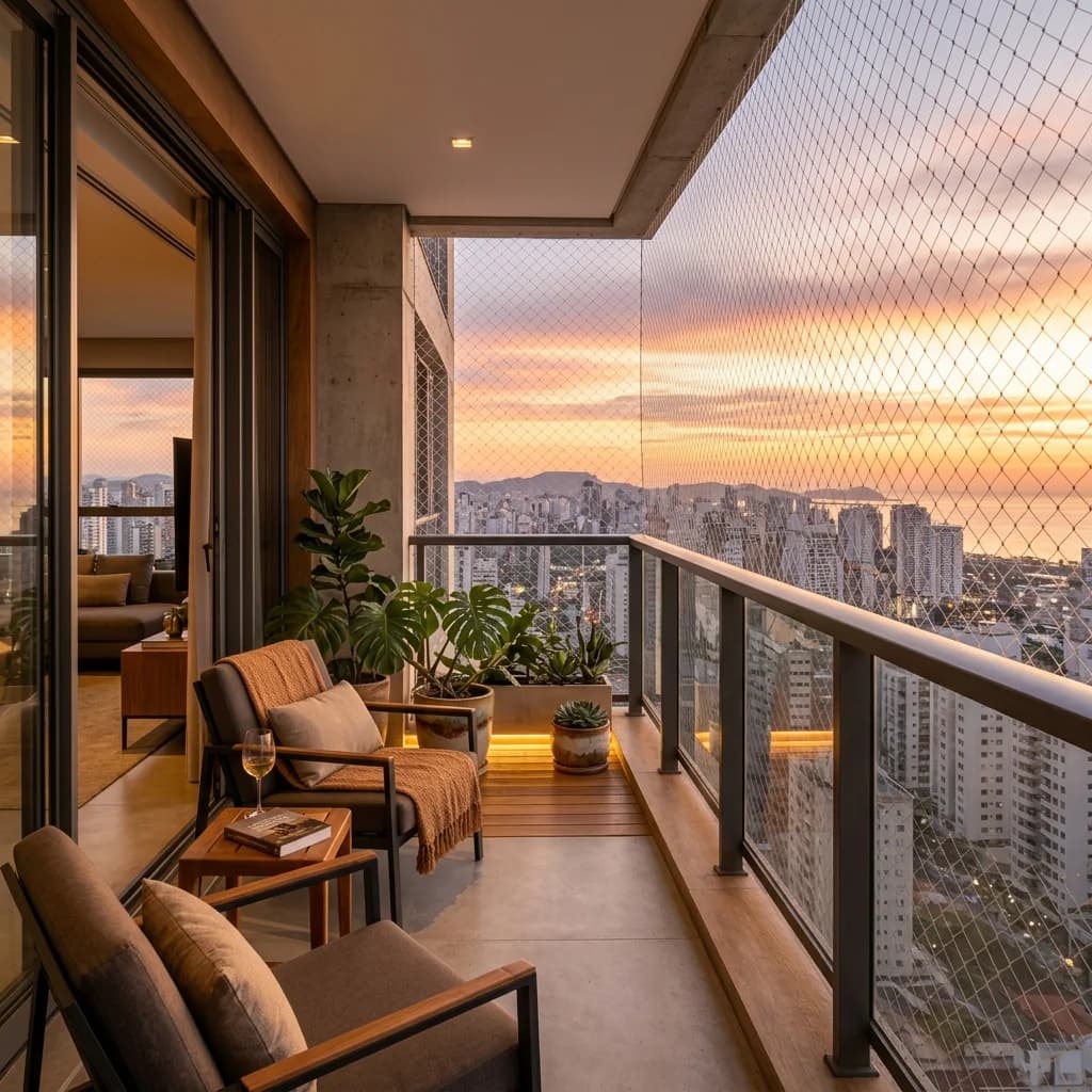 Sacada residencial com rede de proteção de polietileno de alta resistência instalada sob o pôr do sol