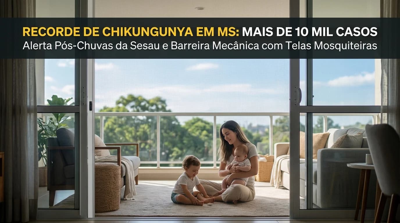 Telas mosquiteiras em esquadria de alumínio em sala residencial de Campo Grande MS garantindo proteção de família contra mosquito Aedes aegypti e chikungunya
