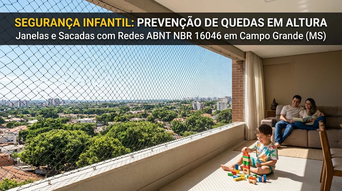 Sacada residencial em Campo Grande MS com rede de proteção PEAD malha 5x5 cm ABNT NBR 16046 protegendo criança brincando com segurança na sala