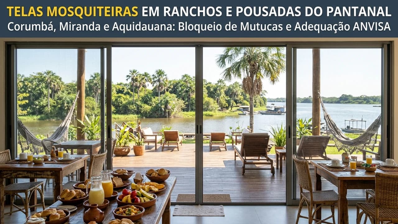 Salão de café da manhã e varanda de pousada no Pantanal protegidos por portas de correr em tela mosquiteira de alumínio em Miranda, Corumbá e Aquidauana MS