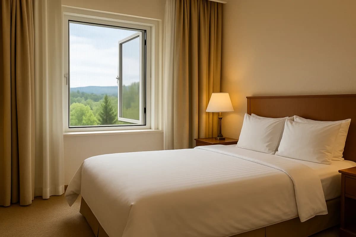 Suite de hotel com telas mosquiteiras discretas garantindo conforto aos hóspedes