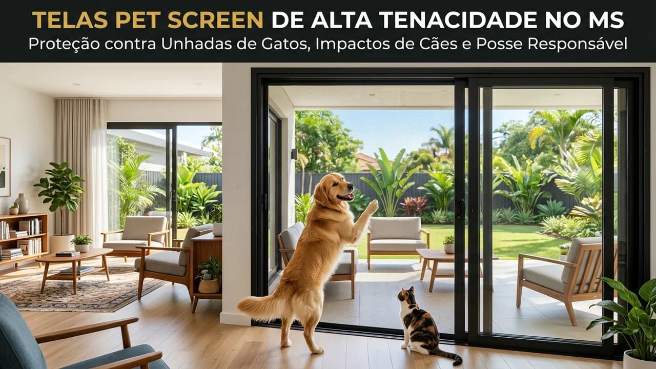 Telas Pet Screen de alta tenacidade em esquadrias de alumínio para cães e gatos em sala residencial de Campo Grande MS - UauTelas