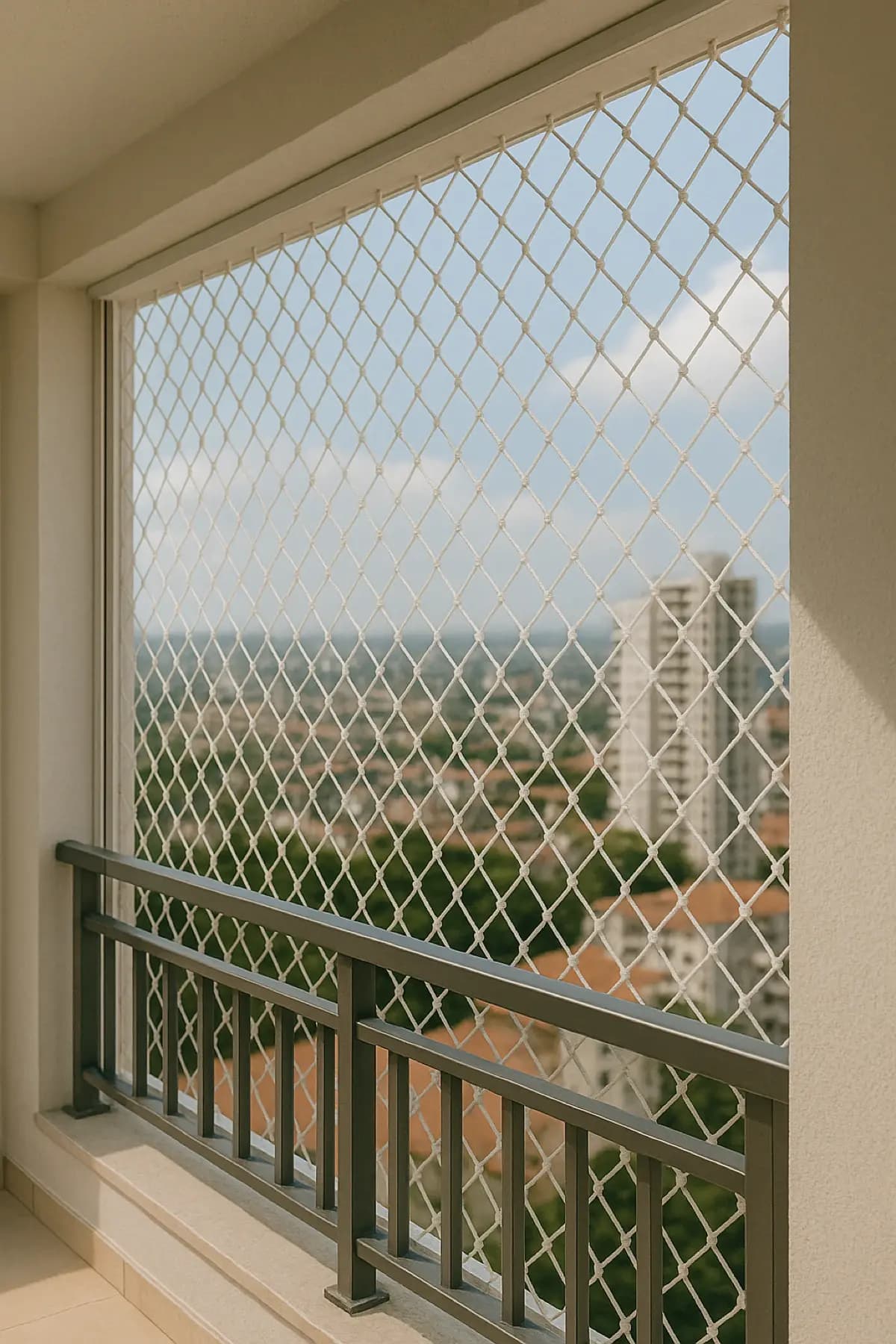 Detalhe de instalação de rede de proteção em casa moderna de alto padrão