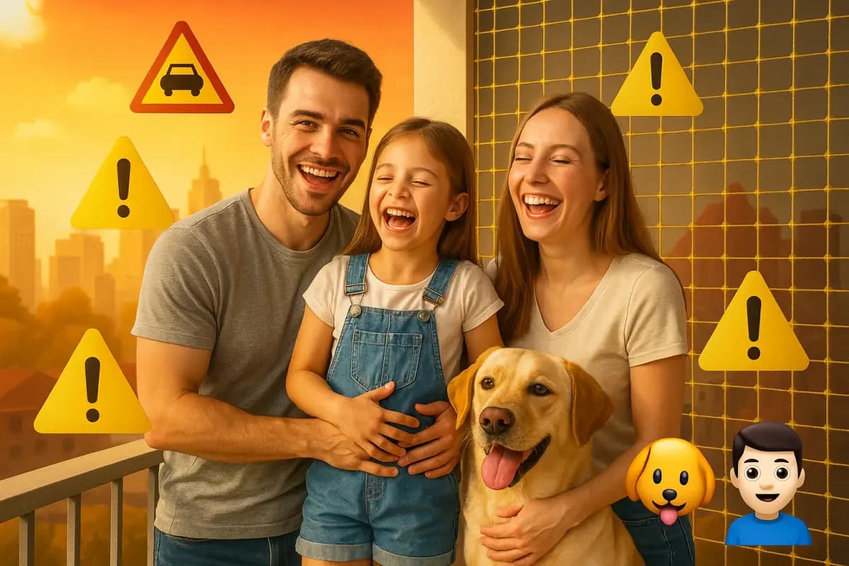 Detalhe da instalação de rede em varanda com cortina de vidro