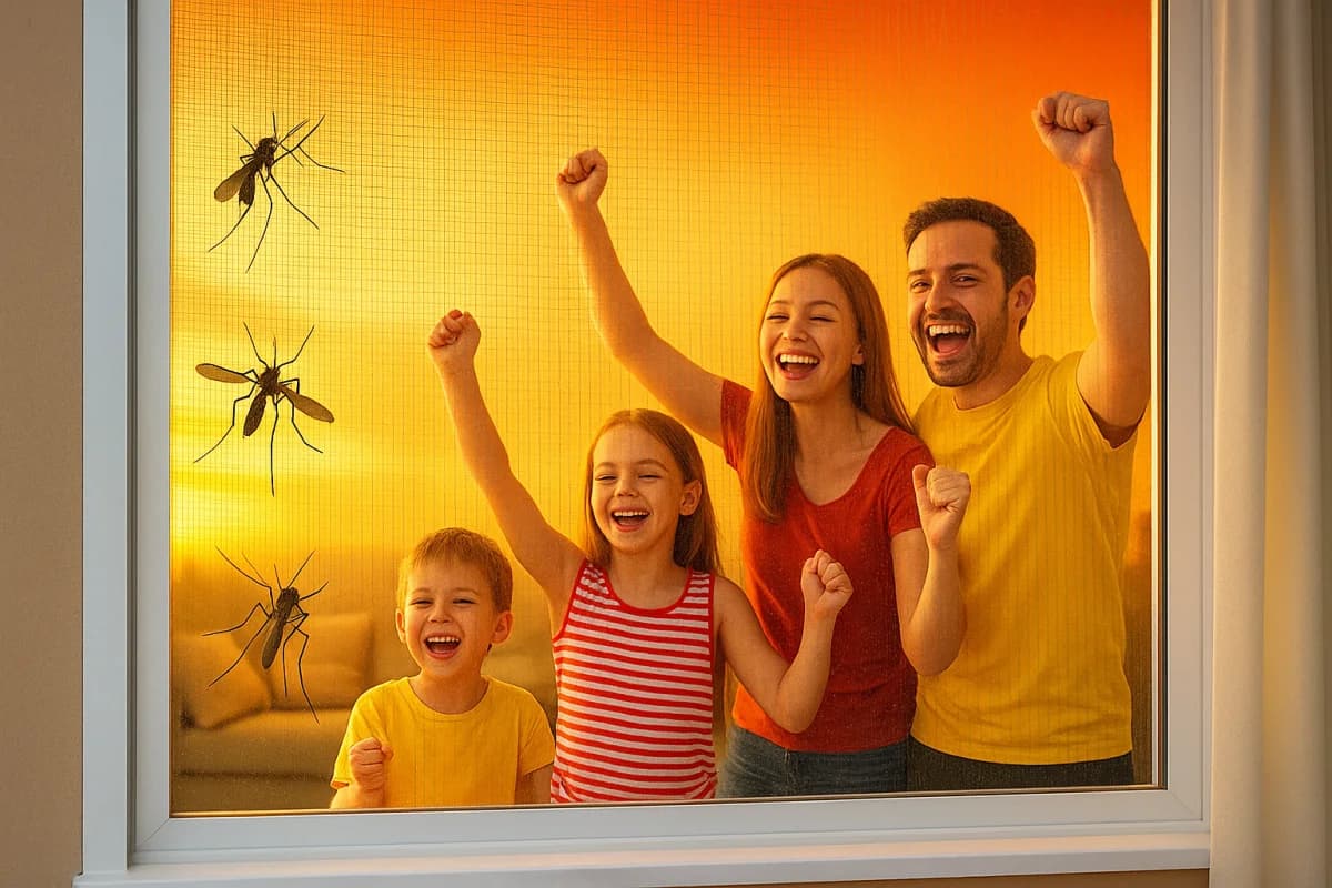 Janela residencial com tela mosquiteira permitindo entrada de ar fresco sem insetos