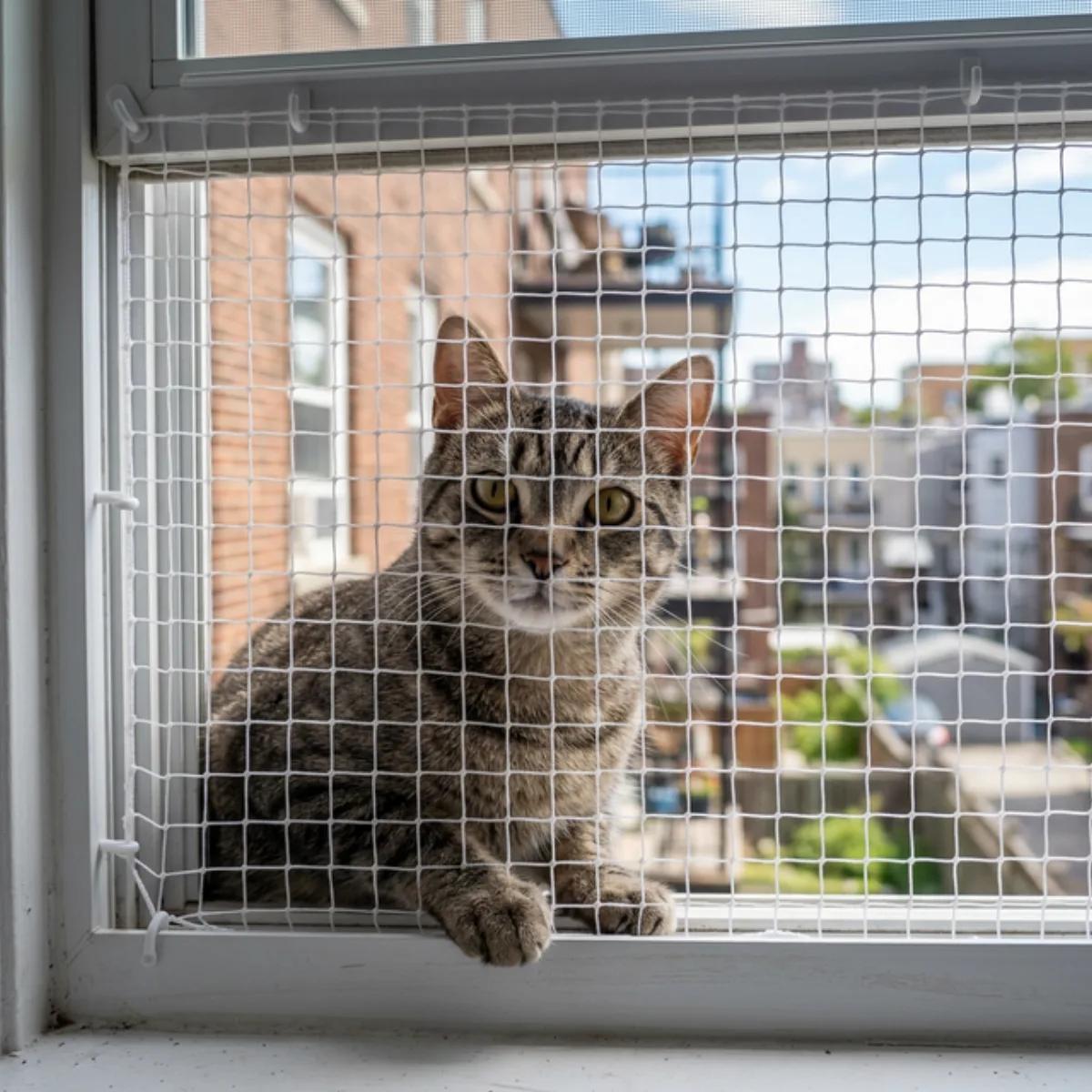 Gato seguro próximo a janela com tela de proteção instalada