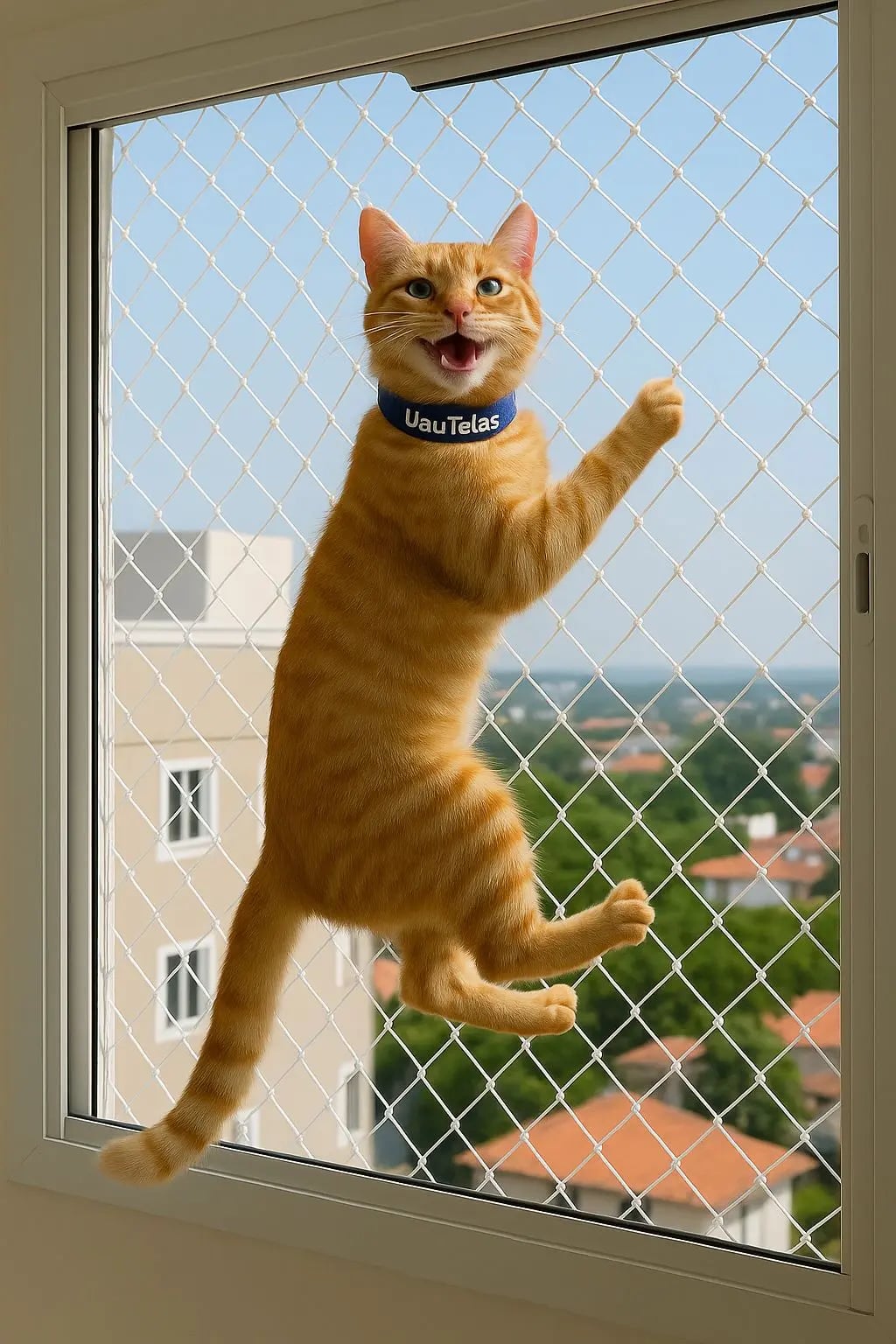 Gato observando pela janela com proteção instalada