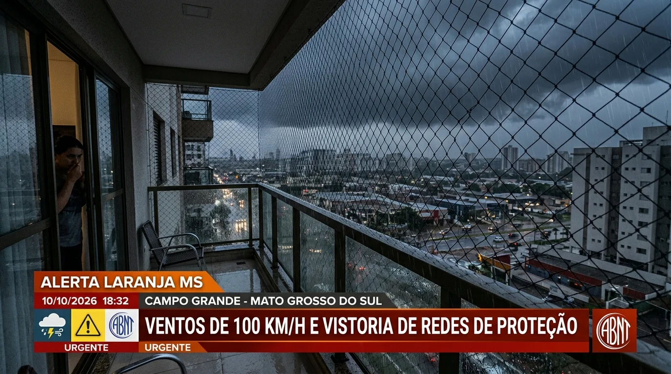 Alerta Laranja do INMET para 73 Cidades em MS (10/10/2026): Ventos de 100 km/h, Danos em Sacadas e Vistoria Urgente de Redes de Proteção | UauTelas