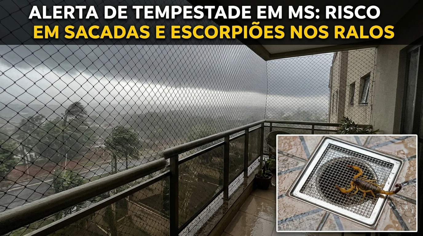 Rede de proteção instalada em sacada sob tempestade em Campo Grande MS e detalhe do ralo sanitário com tela de inox bloqueando escorpião