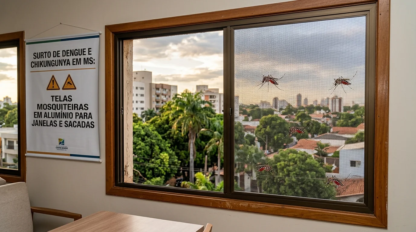 Tela mosquiteira sob medida em alumínio e malha de fibra de vidro instalada em janela residencial em Campo Grande MS contendo barreira física contra o mosquito Aedes aegypti