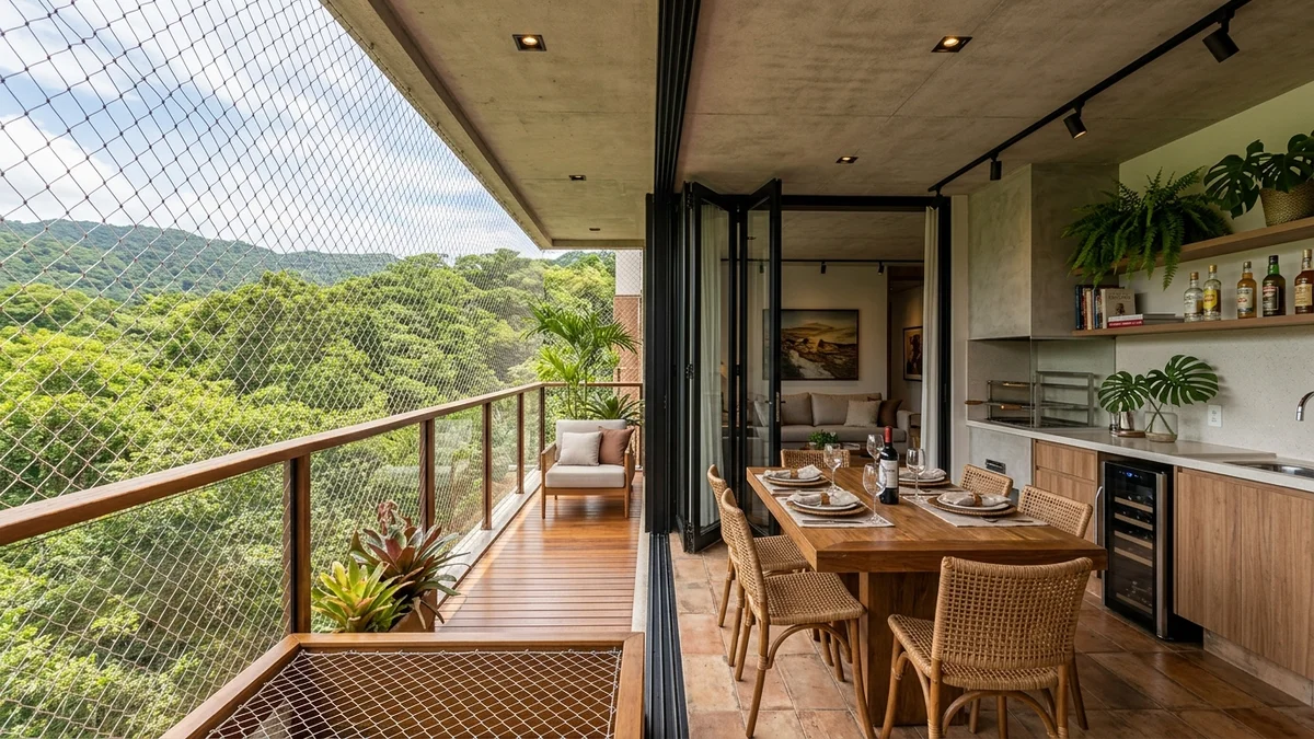 Redes de Proteção para Varandas Gourmet com Fechamento de Vidro Rebatível em Pousadas e Casas em Bonito (MS)
